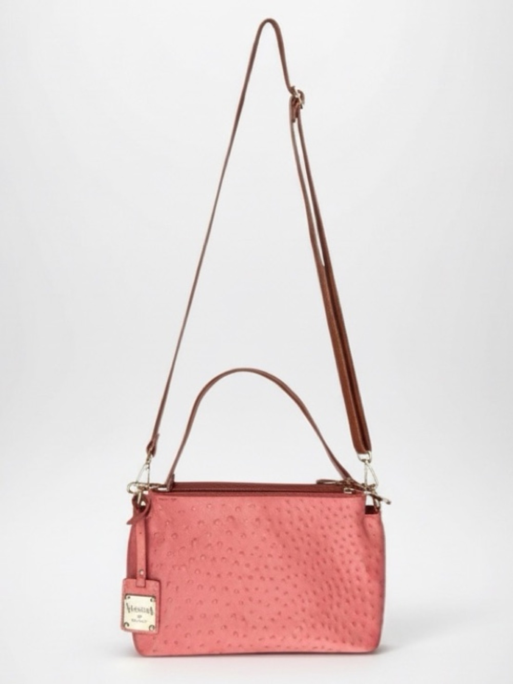 VALENTINA Bag Ostrich Embossed Leather Crossbody Handbag Coral Pink